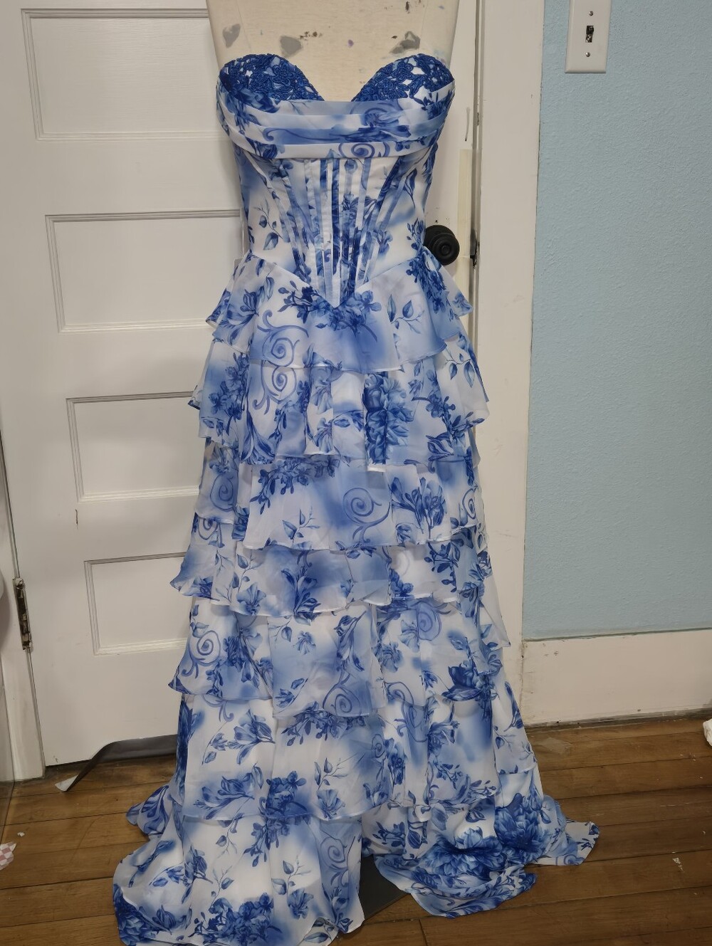 Blue and White Floral Strapless Ruffled Evening Dress